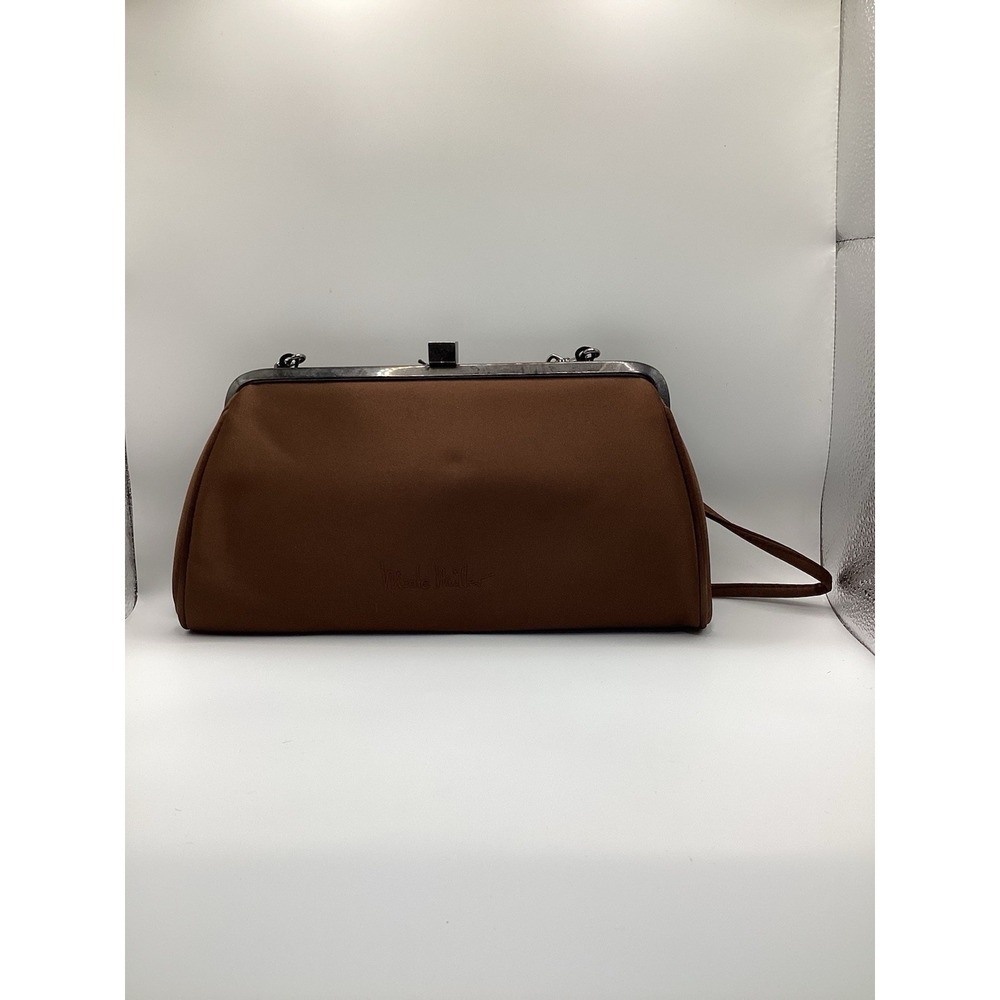 Nicole Miller Silk Clutch Brown Vintage Kiss Lock Evening Bag Elegant